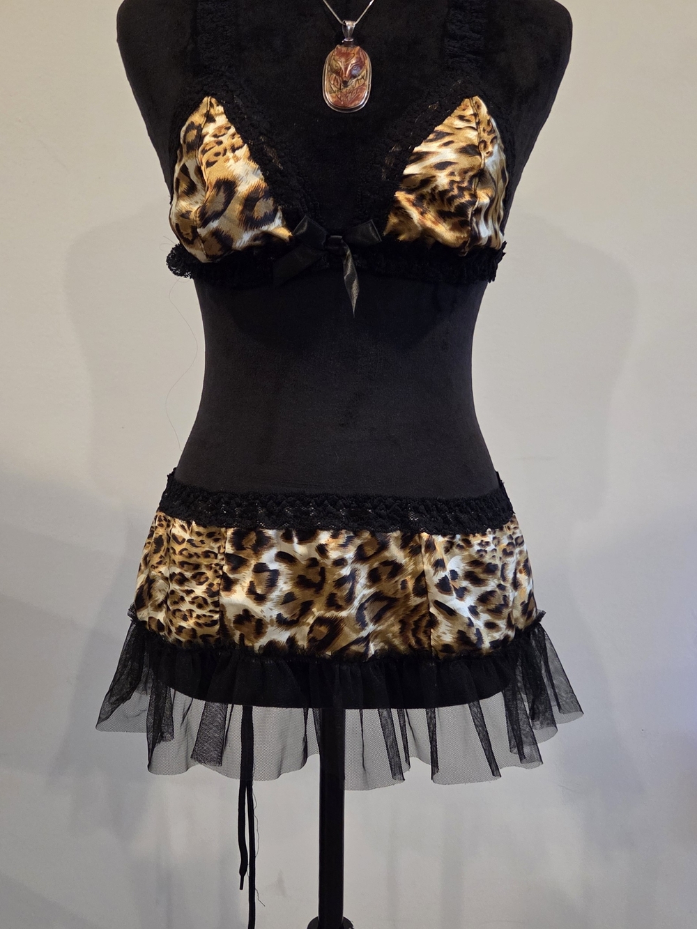 Frederick's of Hollywood Leopard Print Satin Chemise with Black Lace